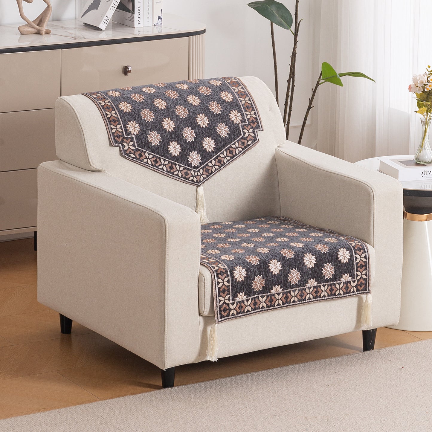Heritage Weave Premium Jacquard Sofa Cover Set with Tassels - Graphite Grey