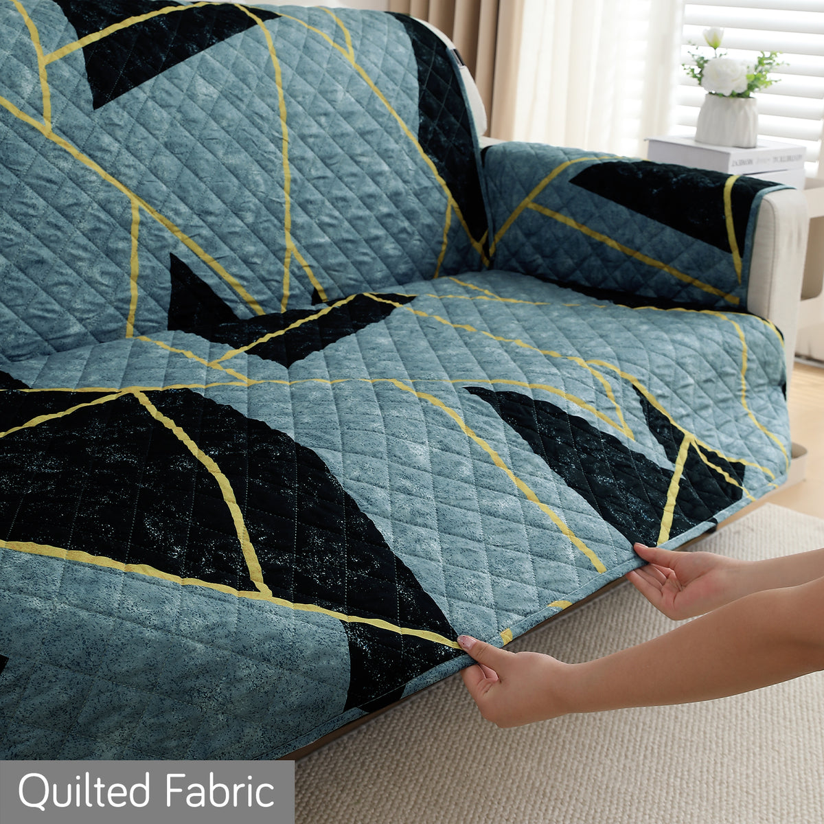 Waterproof & Quick-Dry Quilted Sofa Cover with Pockets on Armrest, Multicolor Abstract Geometry