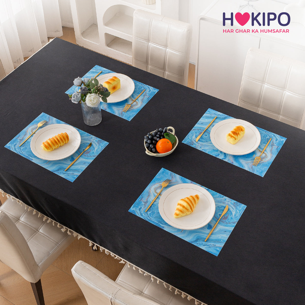 Marble Fusion PVC Mats for Dining Table, Aqua Swirl - Ocean Blue