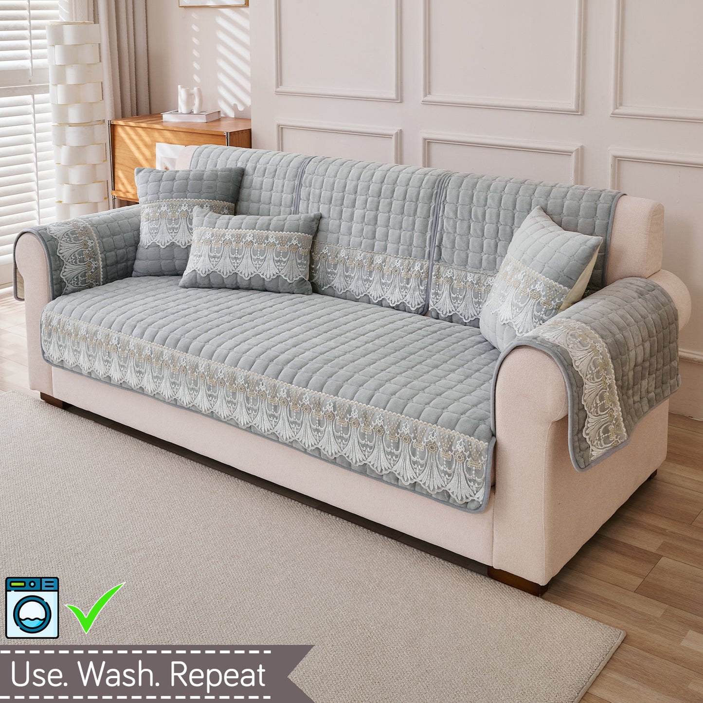 BelleLace Series 5-Seater Sofa Cover (3+1+1), Cloud Grey