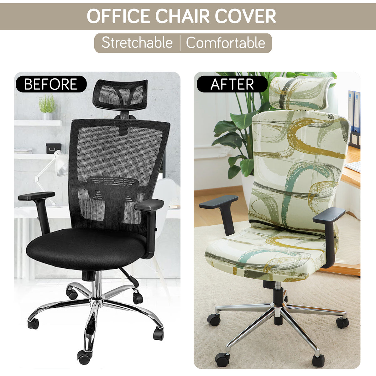 Printed Office Chair Cover with Headrest (High-Back) – 140 GSM Stretch Fabric – Washable, Anti-Slip Fit for Ergonomic Mesh Office Chairs, Parchement Beige Abstract Art