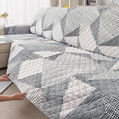 Elira Series Quilted One-Piece L Shape Sofa Cover Mat with Left and Right Chaise, Snow White Black Geometry