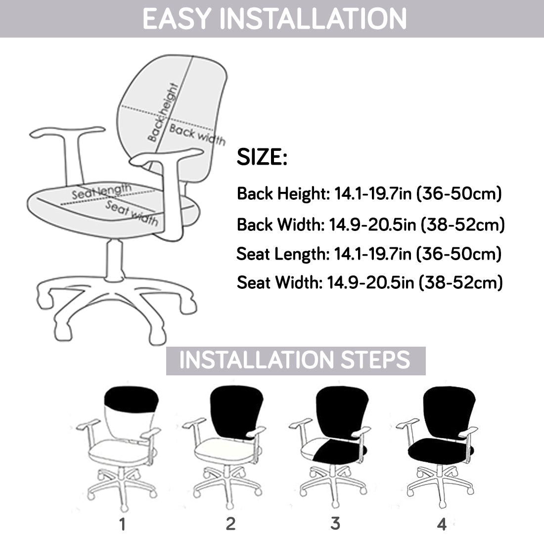 Printed Office Chair Cover for Task Chair – 140 GSM Stretchable Fabric – Washable & Anti-Slip – Fits Small Office Chairs Without Headrest, Snow White Black Geometry