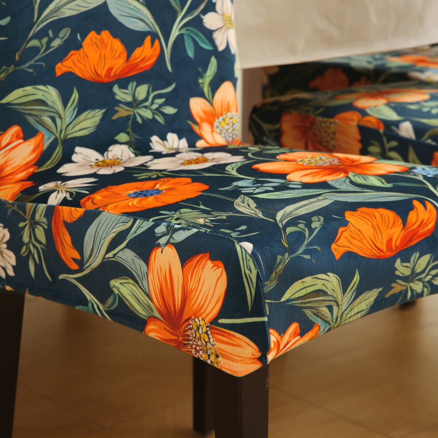 Premium Printed Velvet Dining Chair Cover Set, Teal Twilight Garden