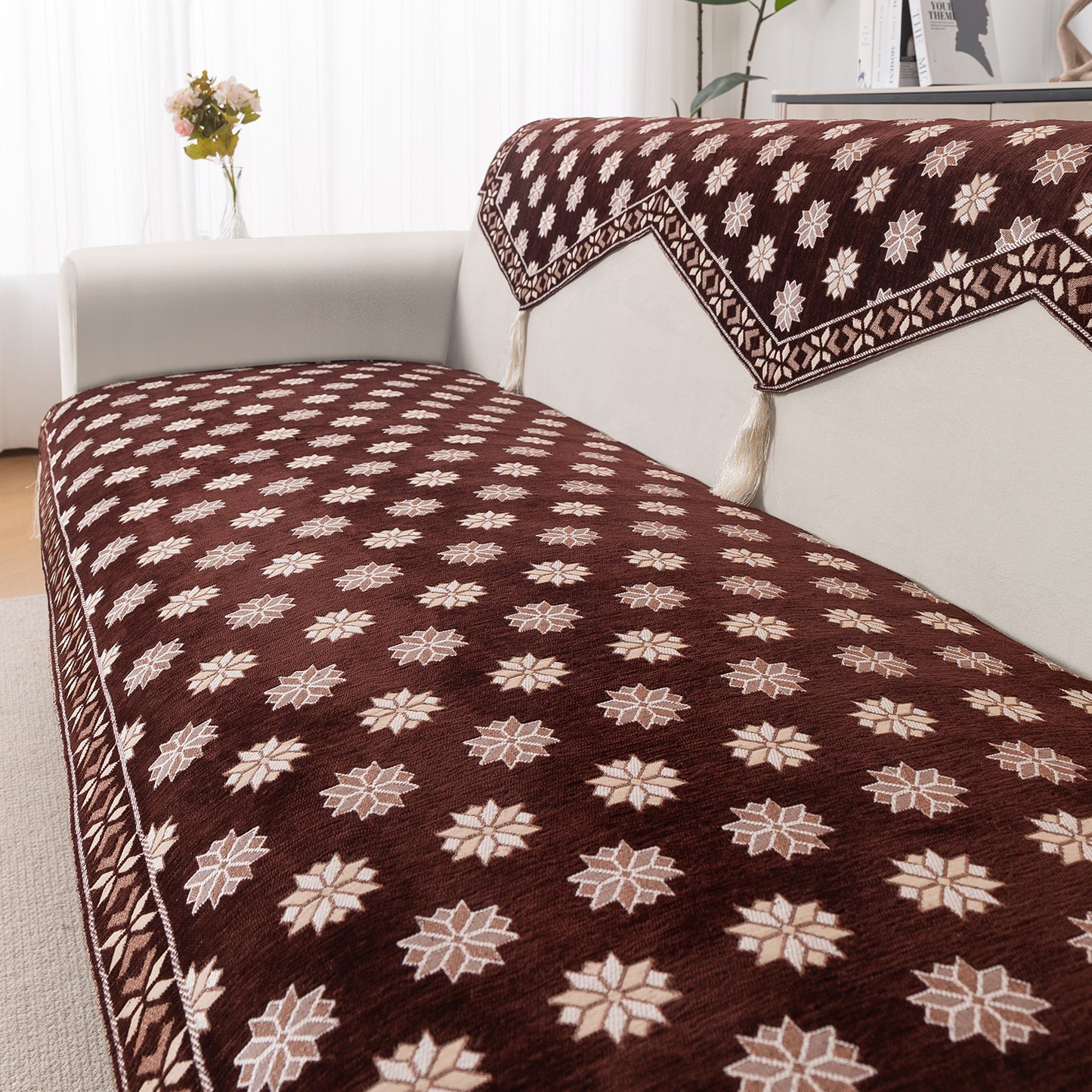 Heritage Weave Premium Jacquard Sofa Cover Set with Tassels - Coffee Brown
