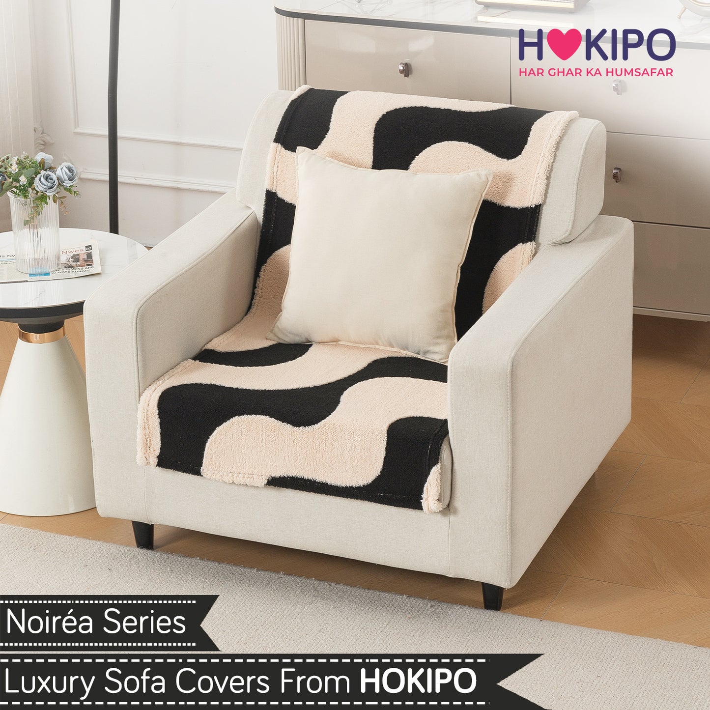 'Noirea Series' Plush Sofa Cover for Seat & Back, Wavy Stripe