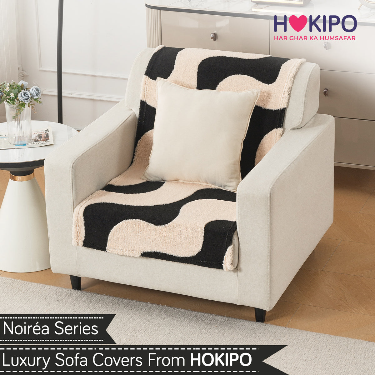 'Noirea Series' Plush Sofa Cover for Seat & Back, Wavy Stripe