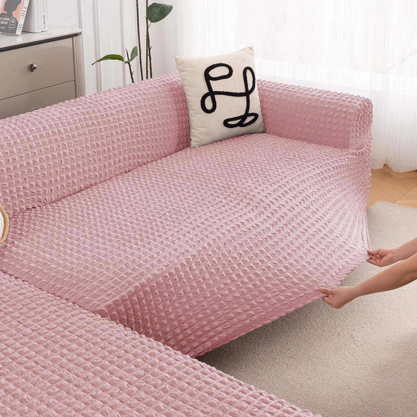 Aria Nova Bubble 2-Piece Stretchable L Shape Sofa Cover with Left Chaise, Tea Rose Pink