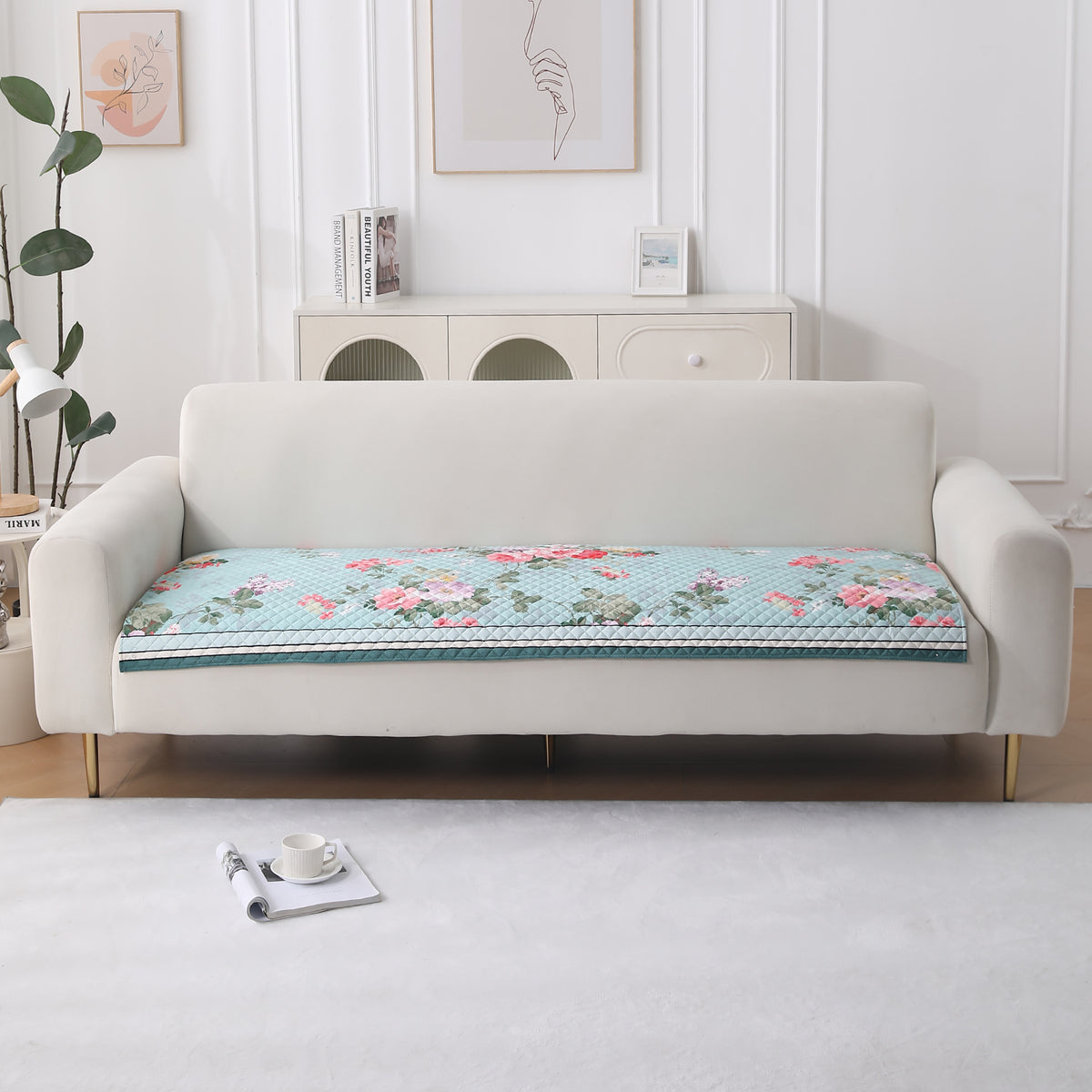 LiefNest Holland Velvet Sofa Cover Mat with Foam Filling -  Fresh Floral Pastel Blue