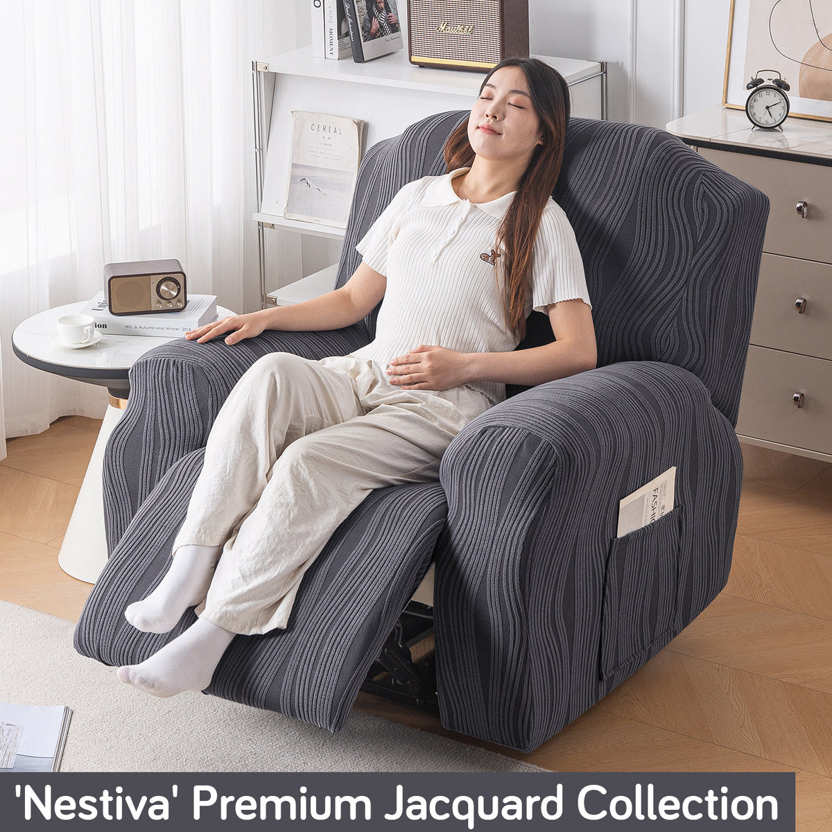 Buy Porpoise Grey Colour Nestiva series knitting jacquard recliner sofa cover​ - HOKIPO | Har Ghar ka Humsafar