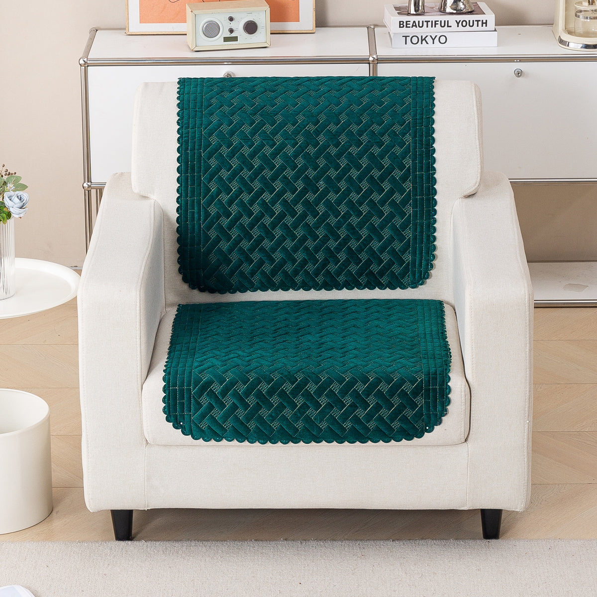 Modern Matrix 5-Seater Reversible Sofa Cover (3+1+1), Emerald Green