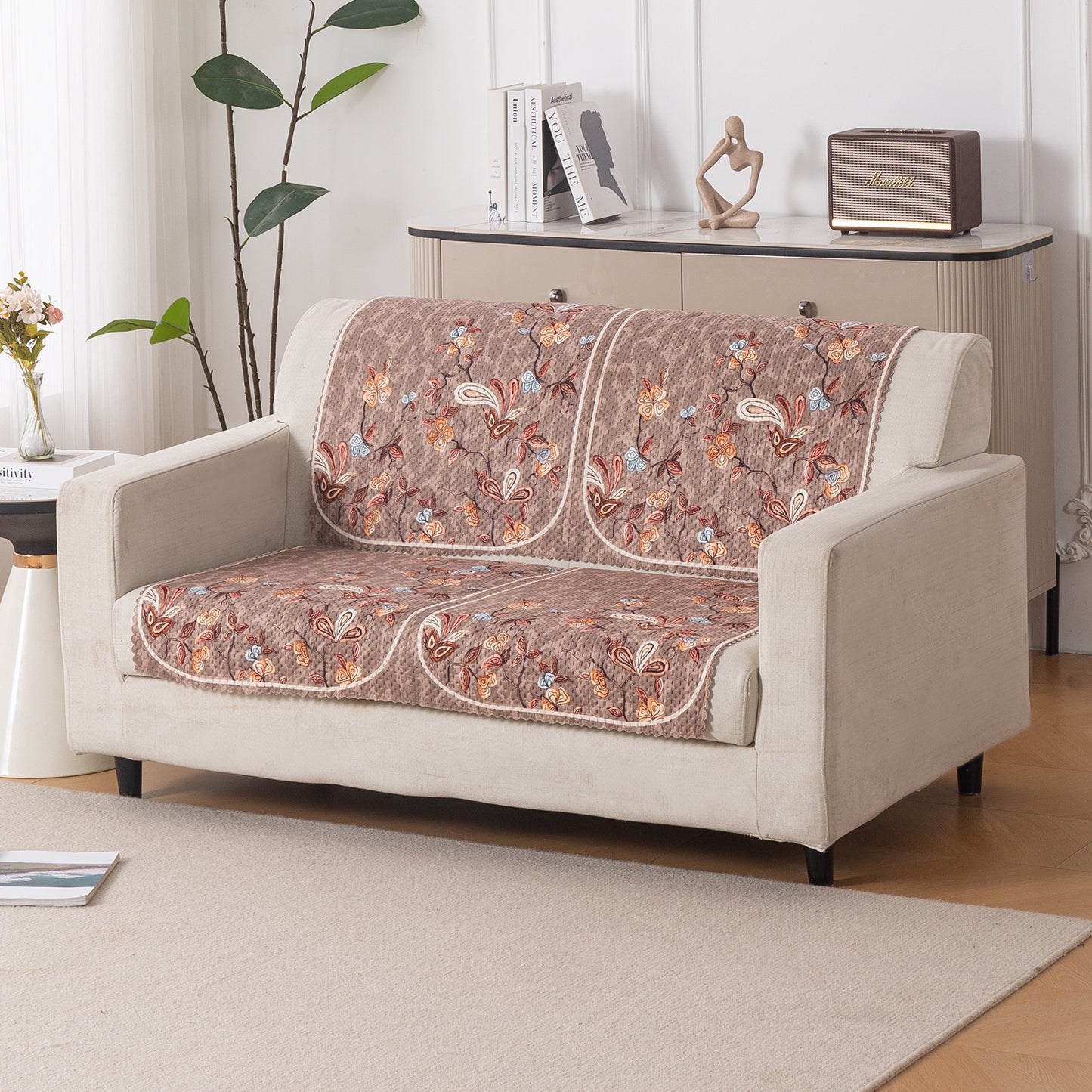 HeavenHue Fleece Soft Touch Quilted Sofa Cover Set Washable Sofa Panel for Seat & Bk - Vintage Bloom