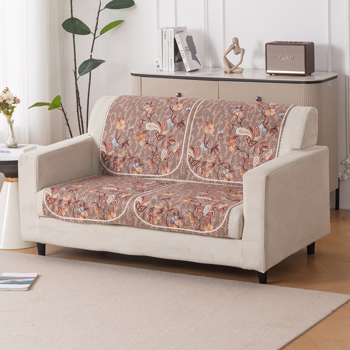 Buy Vintage Bloom HeavenHue quilted wooden sofa cover for 2 seater, elegant floral fleece design | Hokipo