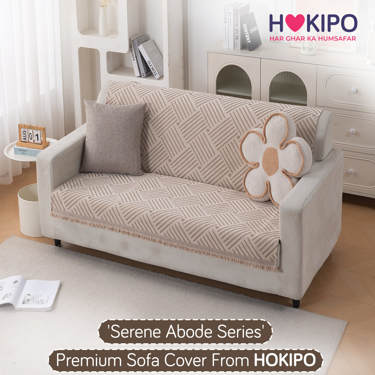 Premium 320 GSM Chenille Sofa Cover 'Serene Abode Series', Beige Geo Weave