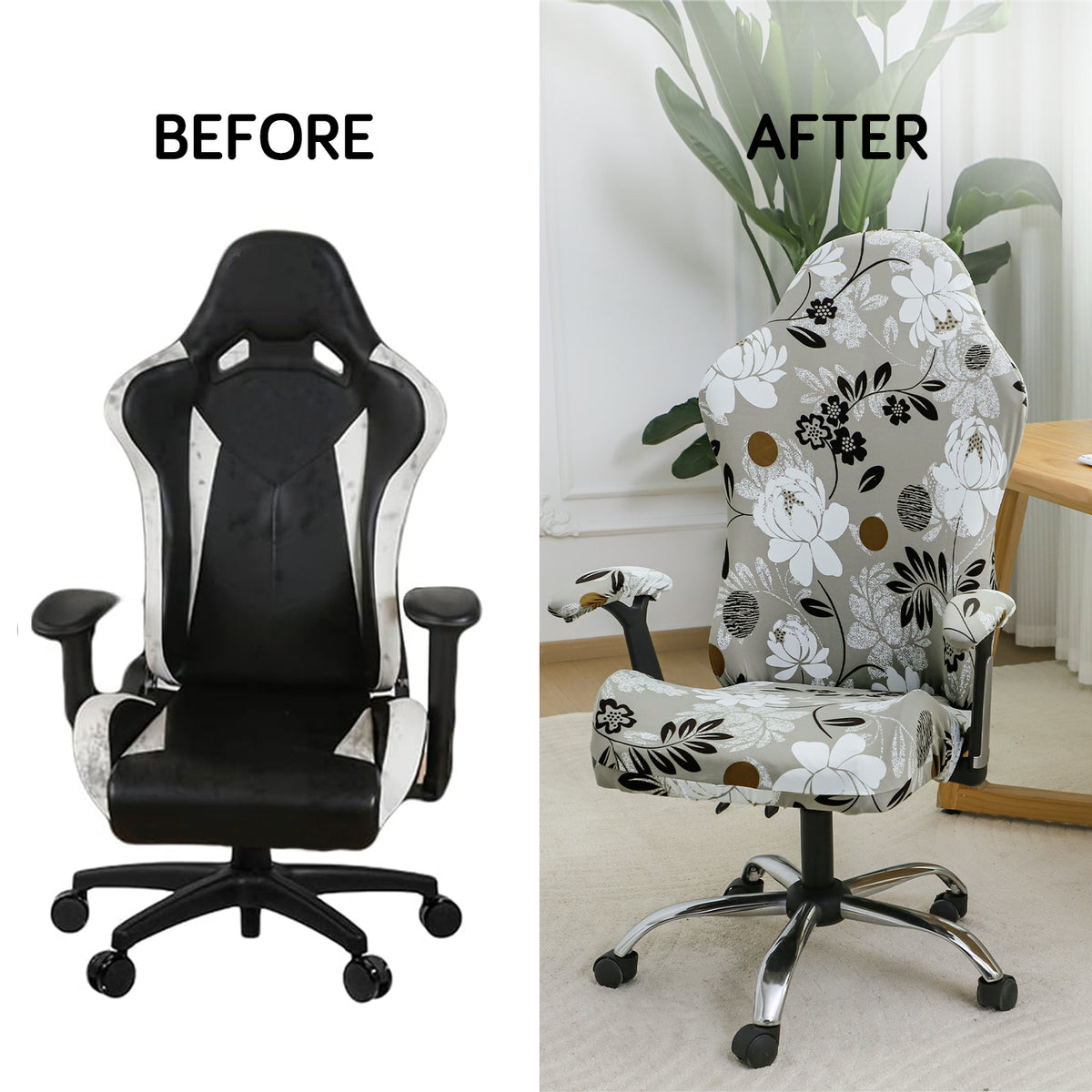 Printed Gaming Chair Seat Cover Elastic Computer Rotating Chair, Feather Brown Floral