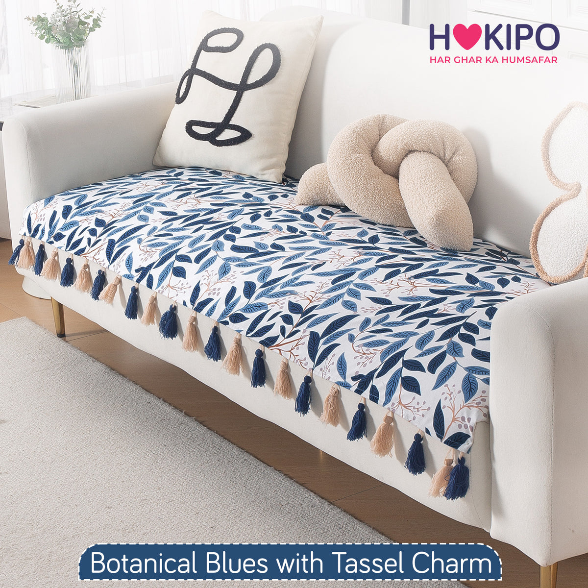 'Whispers of Nature' Series Holland Velvet Sofa Mat with Tassel, Indigo Foliage