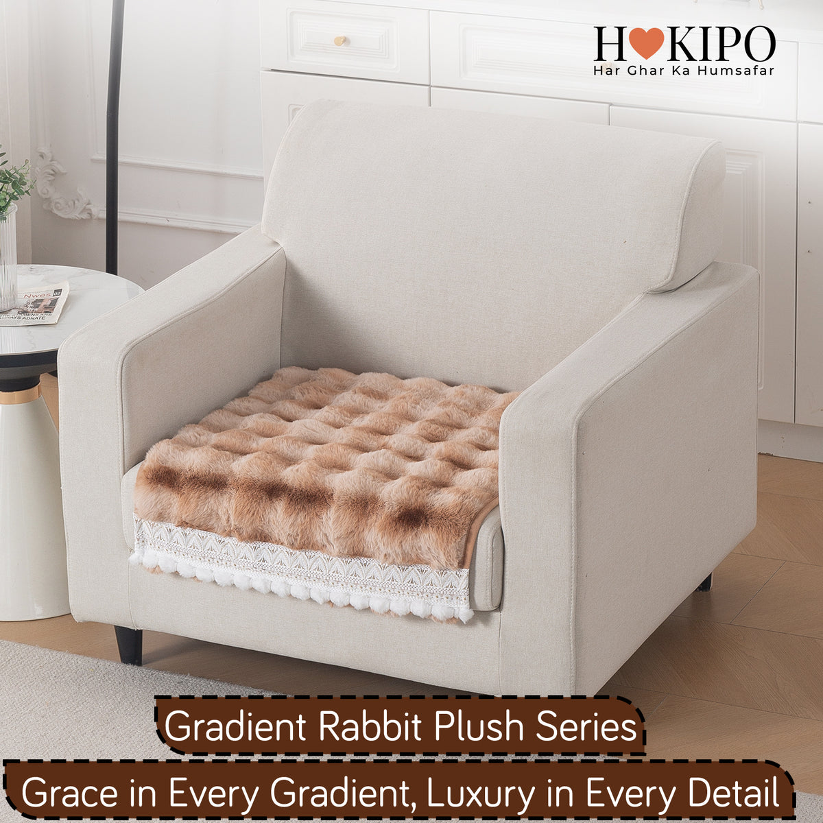Faux Rabbit Fur Sofa Cover with Lace |Gradient Rabbit Plush, Brown