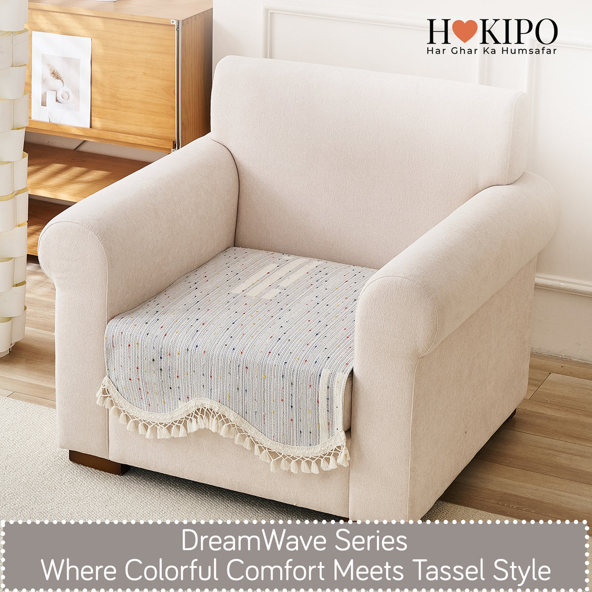 DreamWave Chenille with Tassels Sofa Cover Mat, Pearl Grey