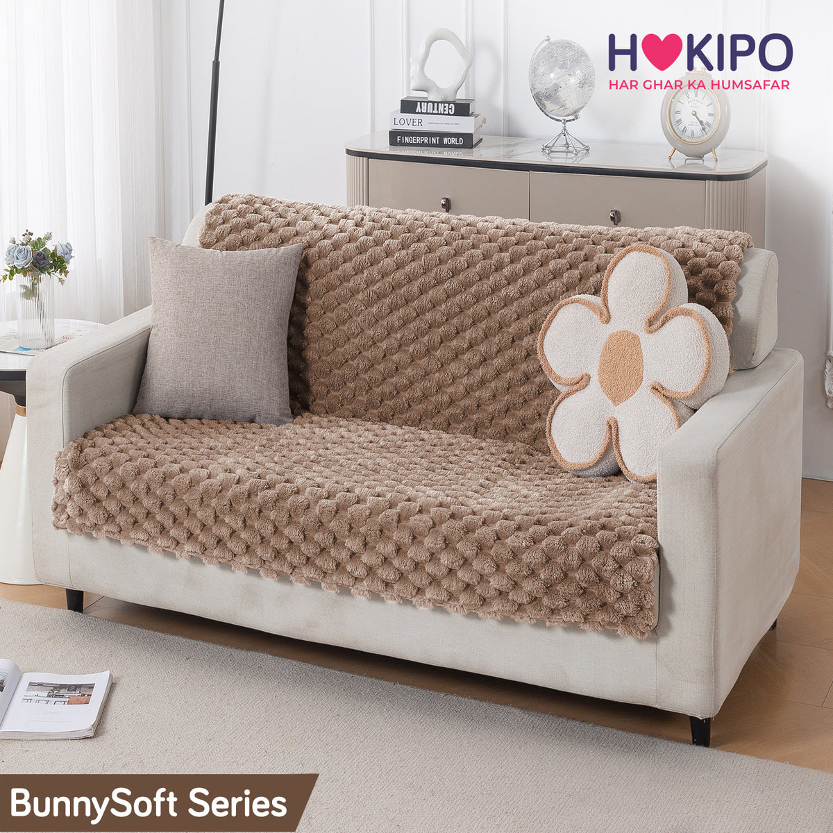 'BunnySoft Series' Plush Sofa Cover Throw for Sofa Seat & Back, Canvas Brown