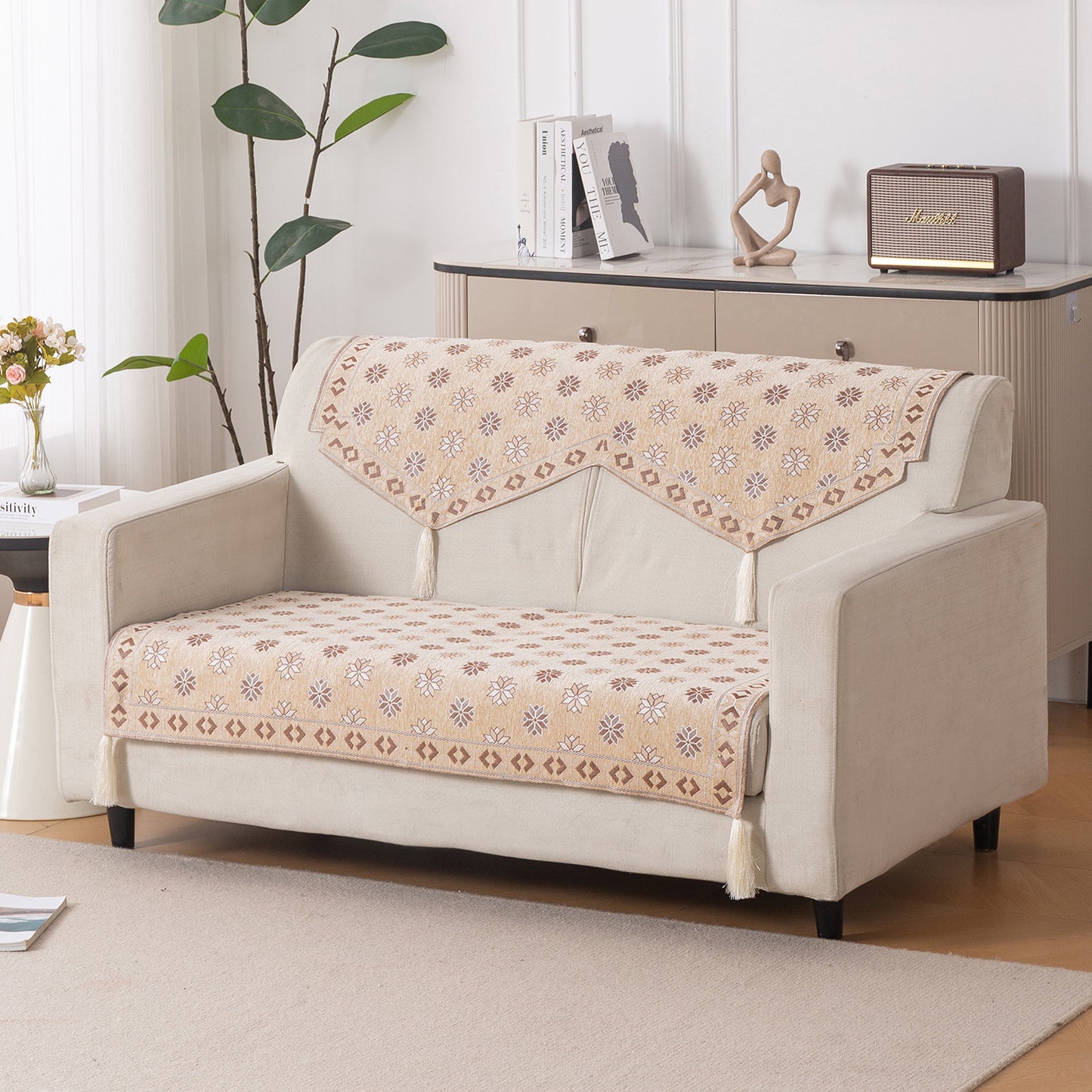 Heritage Weave Premium Jacquard Sofa Cover Set with Tassels - Sandy Beige