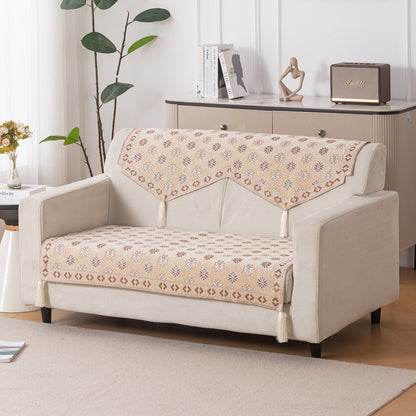Heritage Weave Premium Jacquard Sofa Cover Set with Tassels - Sandy Beige