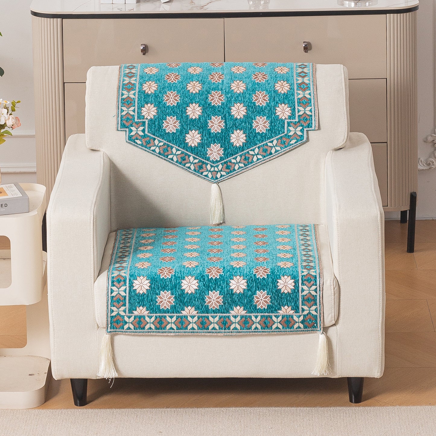 Heritage Weave Premium Jacquard Sofa Cover Set with Tassels - Emerald Teal