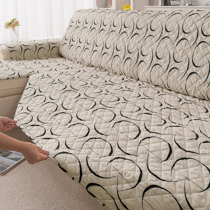 Elira Series Quilted One-Piece L Shape Sofa Cover Mat with Left and Right Chaise, Natural Beige Abstract Art