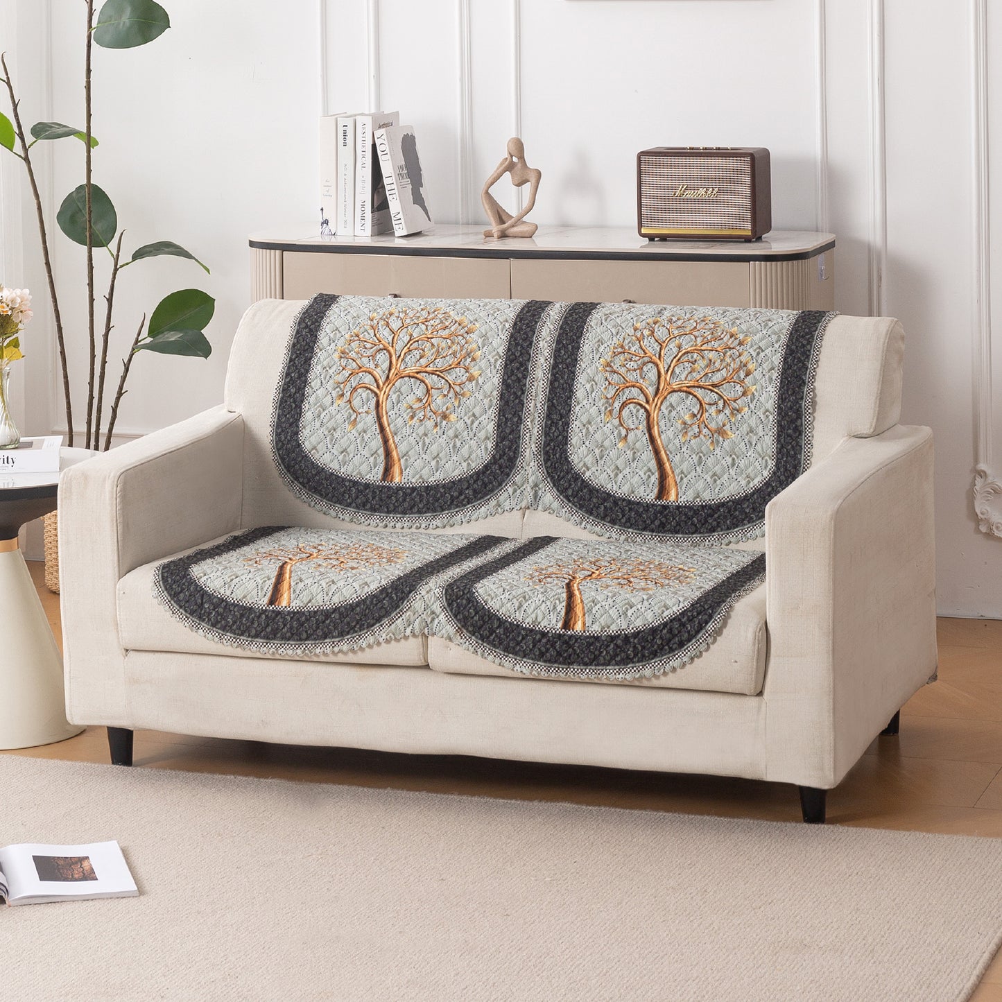 LoomVerse Quilted Sofa Cover Set Washable Sofa Panel for Seat & Back - Tranquil Tree