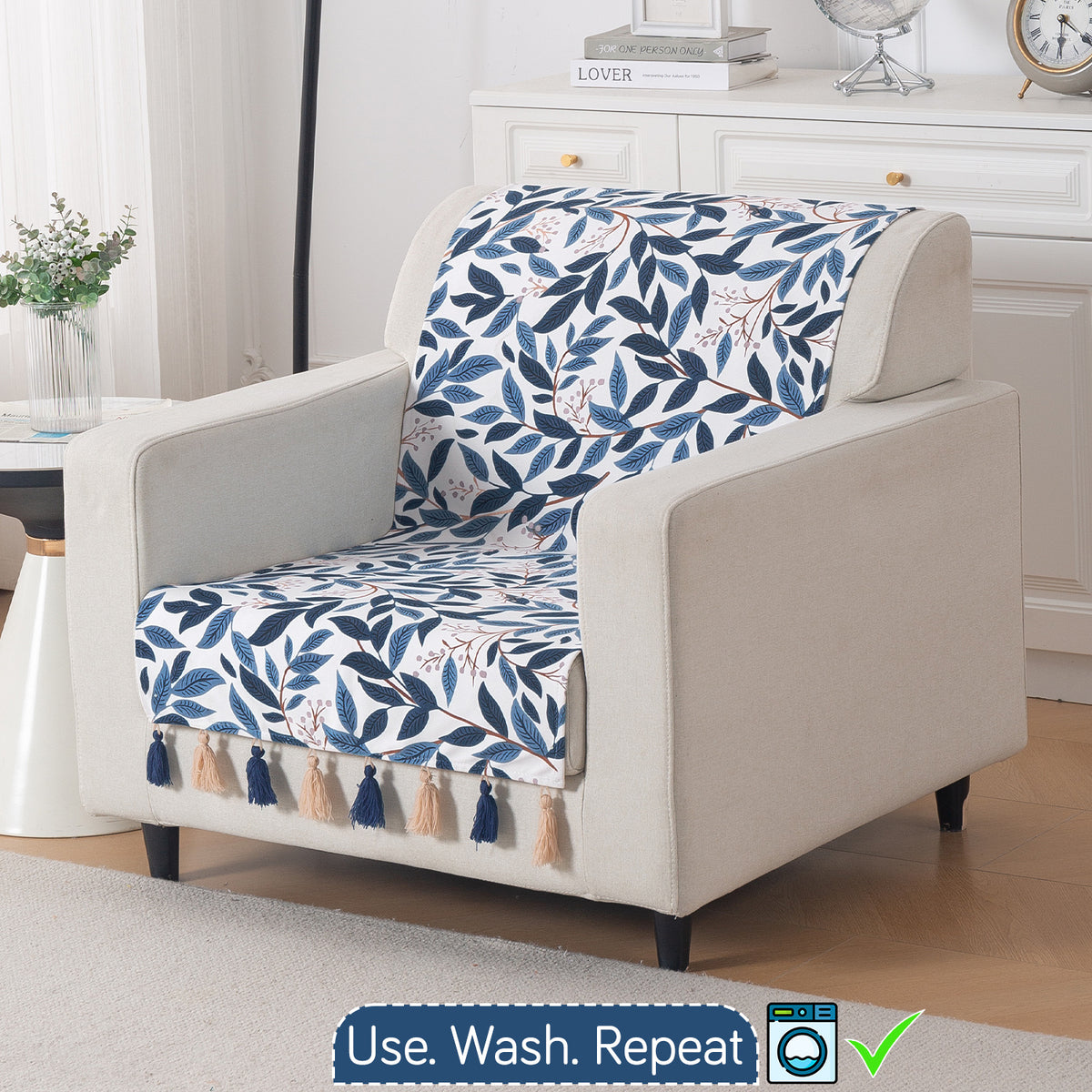 'Whispers of Nature' Series Holland Velvet Sofa Cover with Tassel, Indigo Foliage