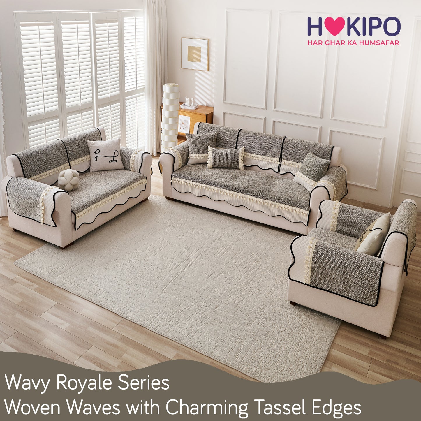 Thick Woven Weave Chenille Sofa Cover with Tassel|'Wavy Royale Series' Taupe Mist