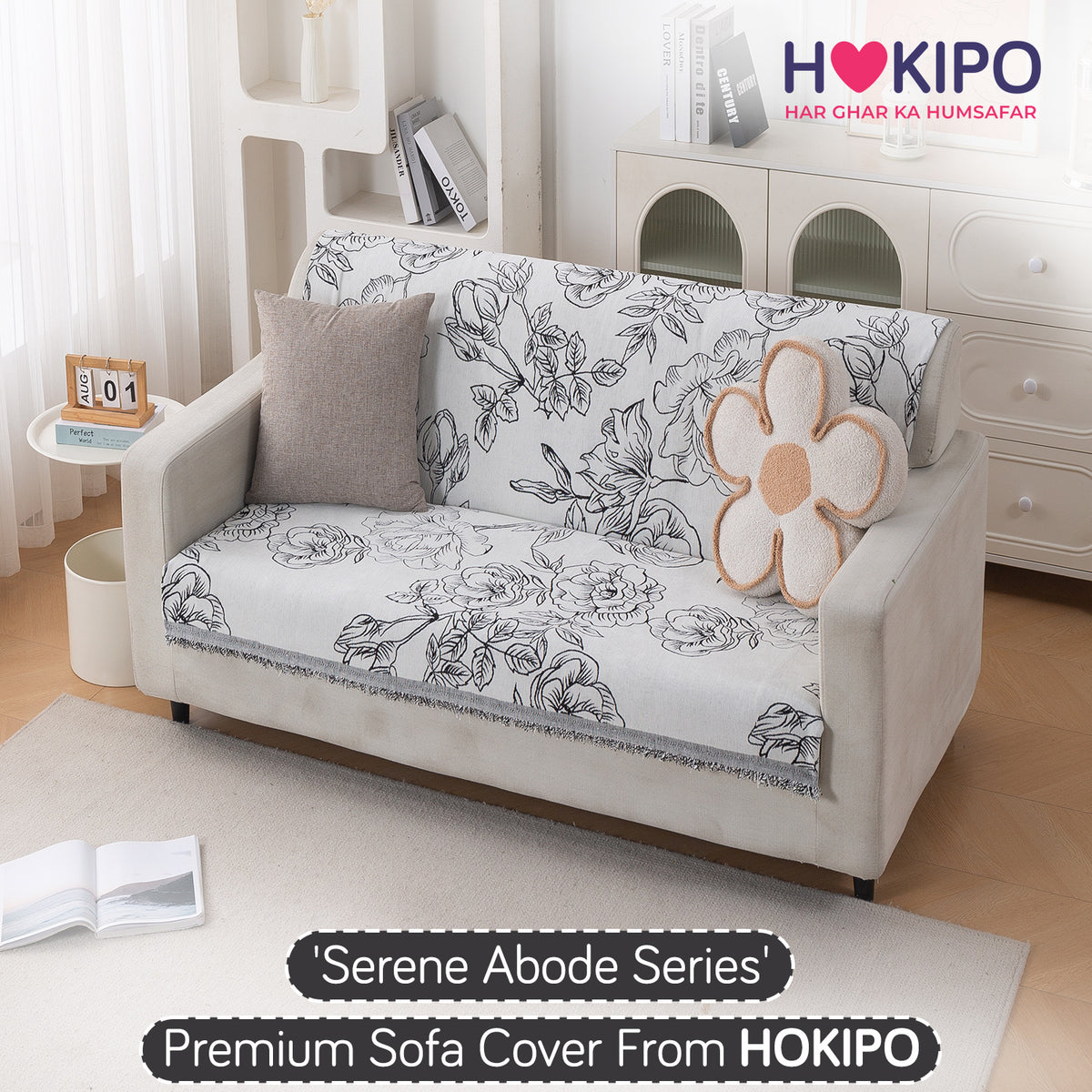 Premium 320 GSM Chenille Sofa Cover 'Serene Abode Series', White Rose Garden