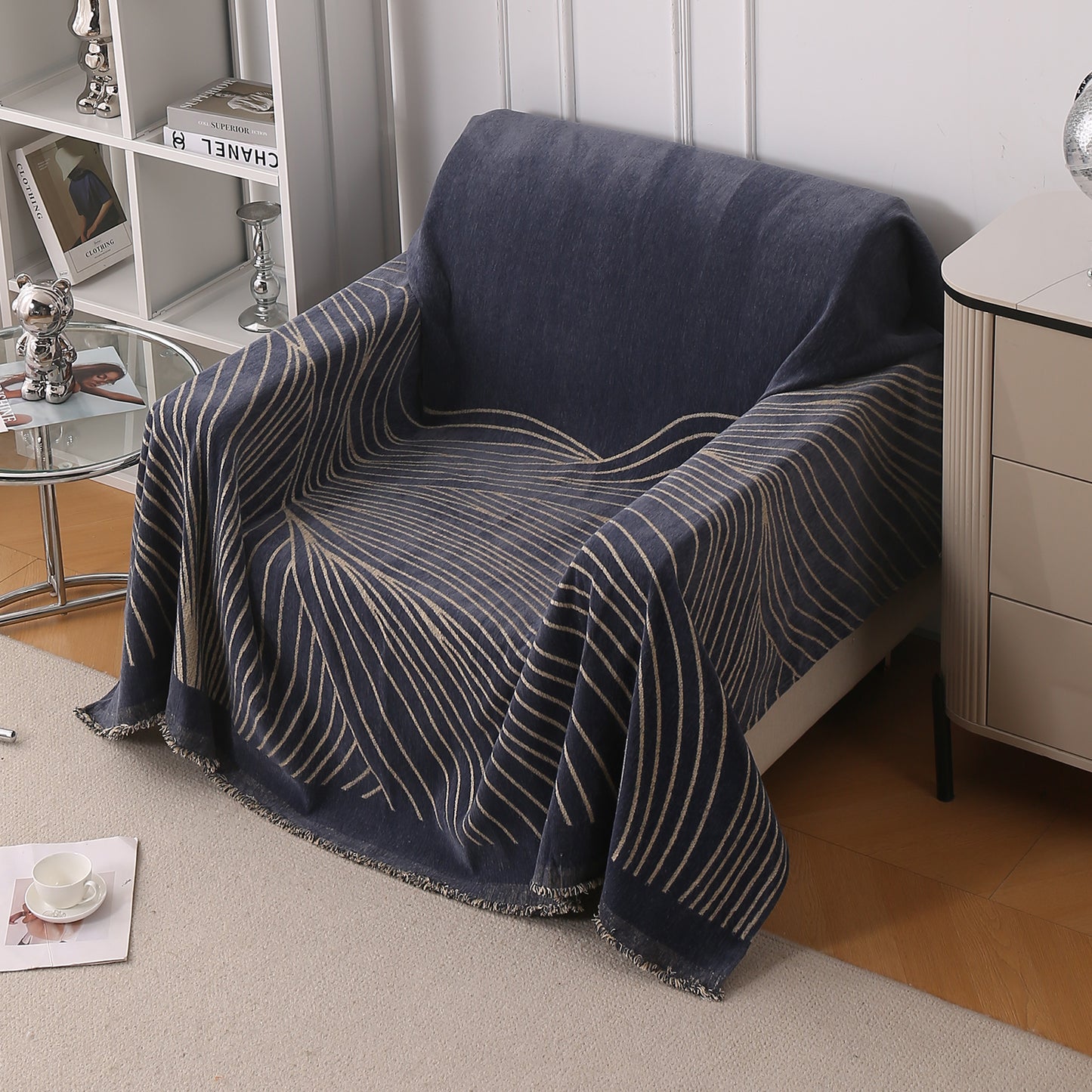 WaveLoom Collection Printed Chenille Sofa Cover Throw Blanket, Dark Grey