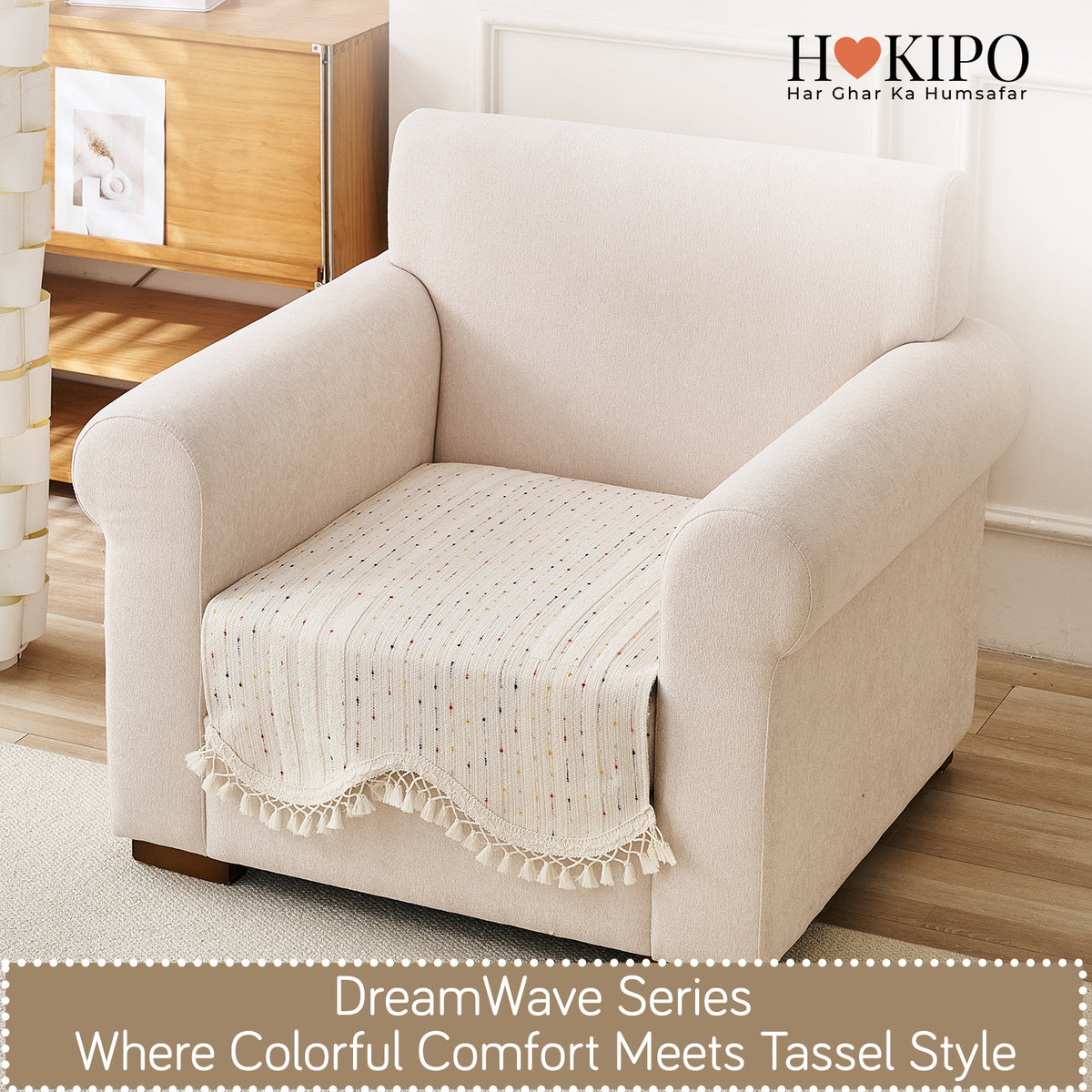 DreamWave Chenille with Tassels Sofa Cover Mat, Latte Beige