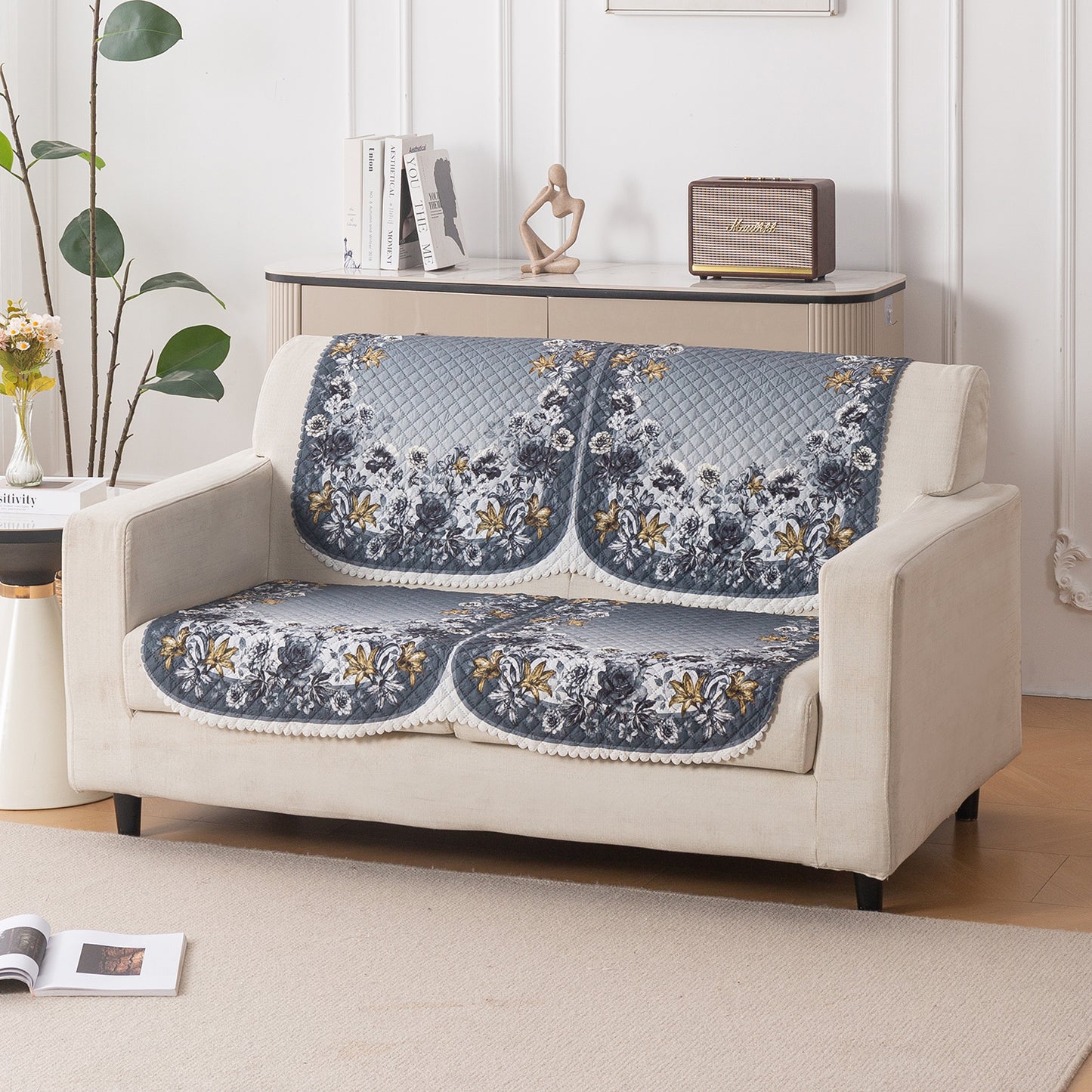 LoomVerse Quilted Sofa Cover Set Washable Sofa Panel for Seat & Back - Blue Belle
