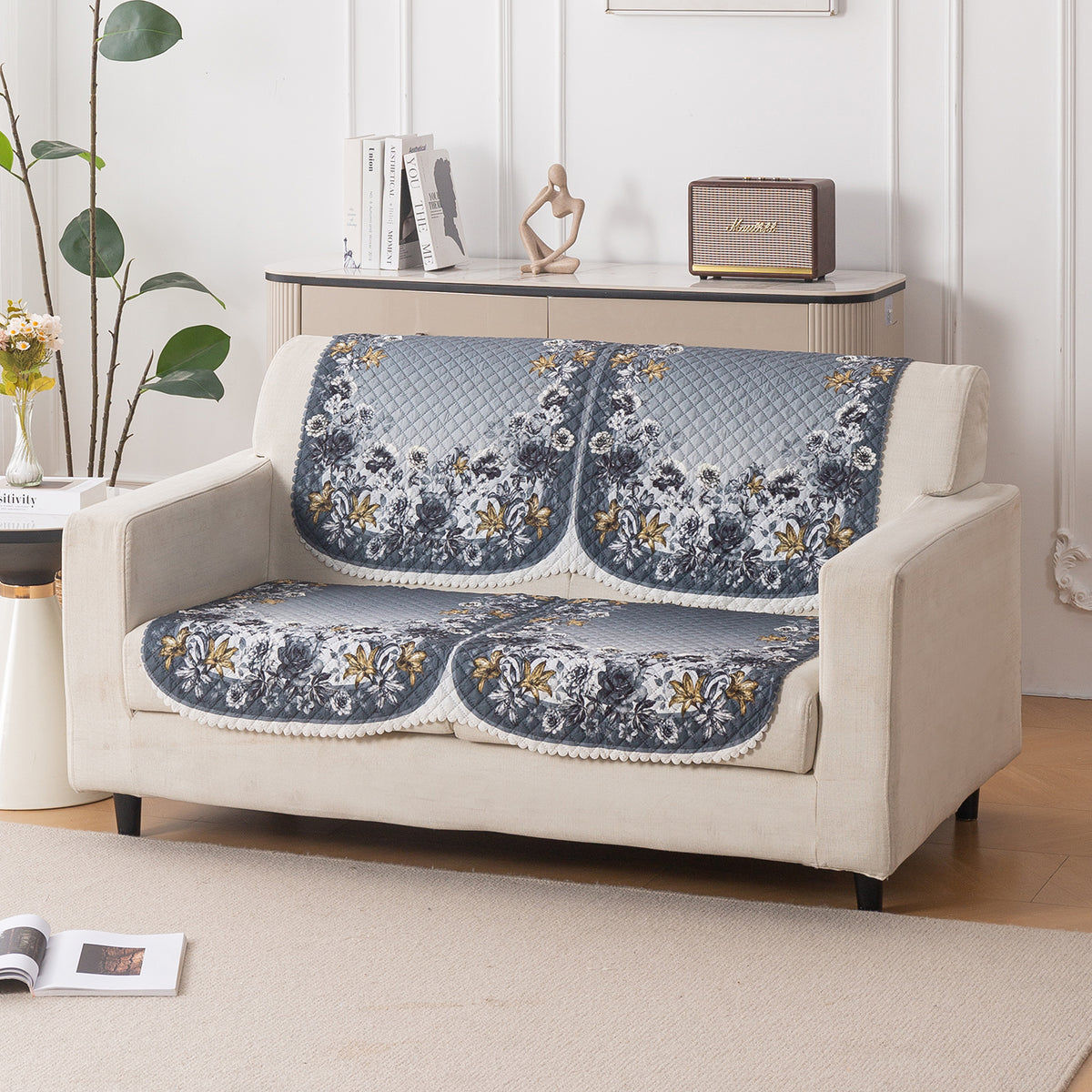 LoomVerse Quilted Sofa Cover Set Washable Sofa Panel for Seat & Back - Blue Belle