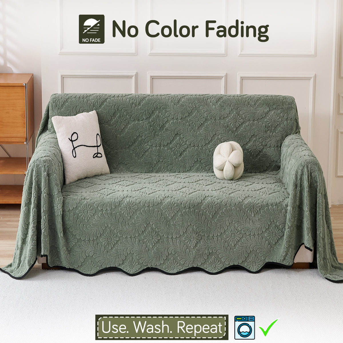 Buy Sage Green Colour Wavy Petal Crest Series Plush Sofa Throw – 2 Seater Sofas | HOKIPO