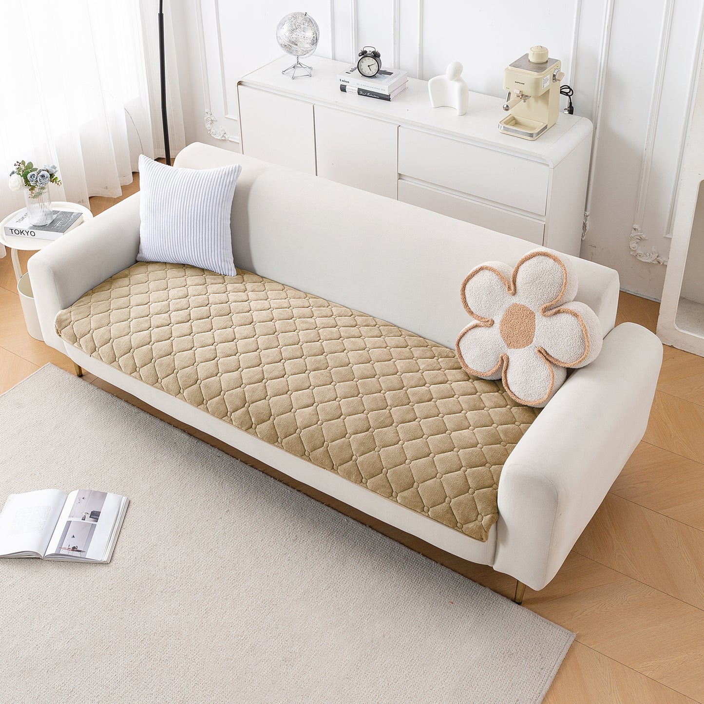 Diamond Tuft Plush Sofa Cover Mat, Sand Beige
