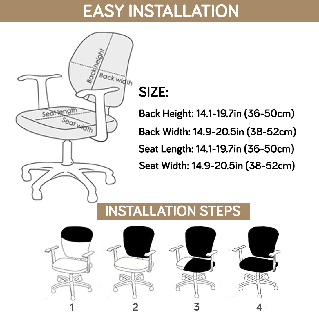 Water Repellent Office Chair Cover for Task Chair – 210 GSM Stretchable Jacquard – Washable & Anti-Slip – Fits Small Office Chairs Without Headrest, Light Brown