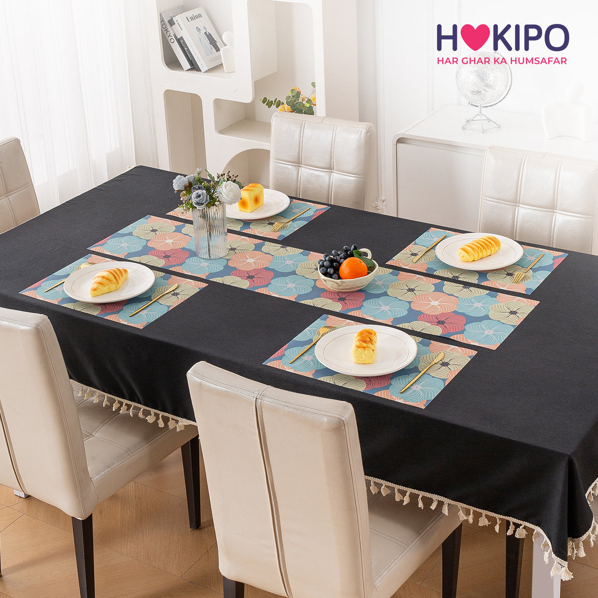 Color Splash PVC Mats for Dining Table, Floral Wheel - Teal Blue