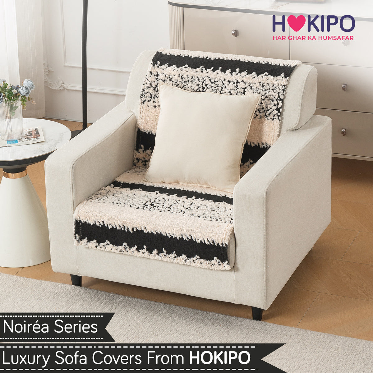 'Noirea Series' Plush Sofa Cover for Seat & Back, Textured Stripe