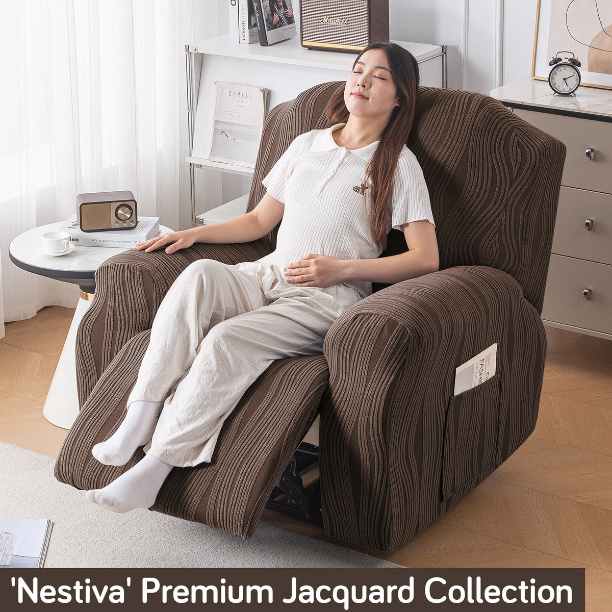 Buy Chocolate Brown Colour Nestiva series knitting jacquard recliner sofa cover​ - HOKIPO | Har Ghar ka Humsafar