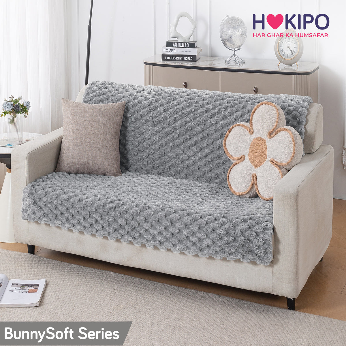 'BunnySoft Series' Plush Sofa Cover Throw for Sofa Seat & Back, Moon Grey