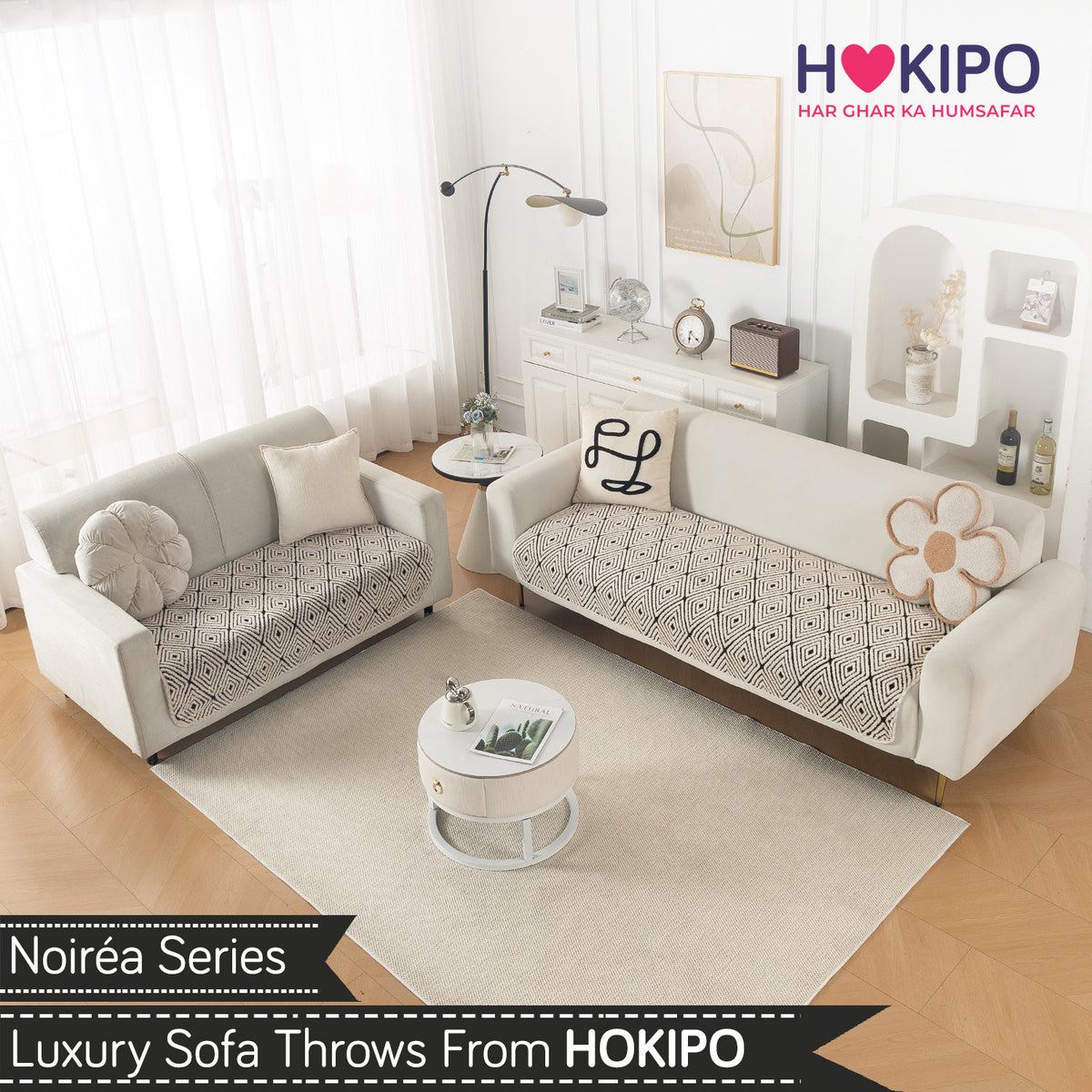 Luxury Plush Sherpa Anti Slip Combination Sofa Mat, 'Noirea Series'|Geometric Diamond
