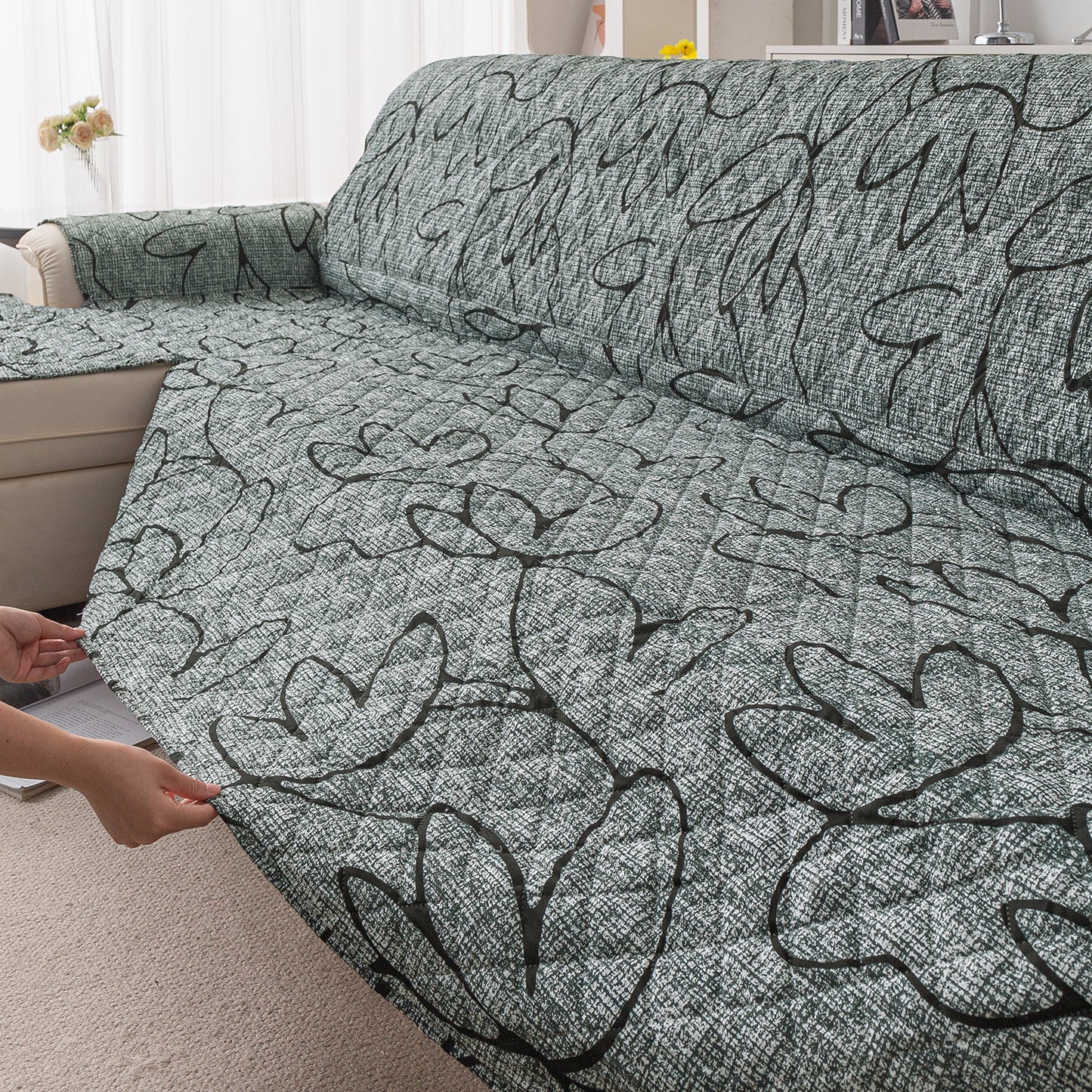 Elira Series Quilted One-Piece L Shape Sofa Cover Mat with Left and Right Chaise, Intense Grey Abstract Floral