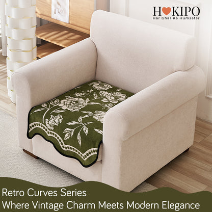 Chenille Sofa Cover Mat with Curvy Edges, 'Retro Curves Series' Sofa Mat, Olive Green