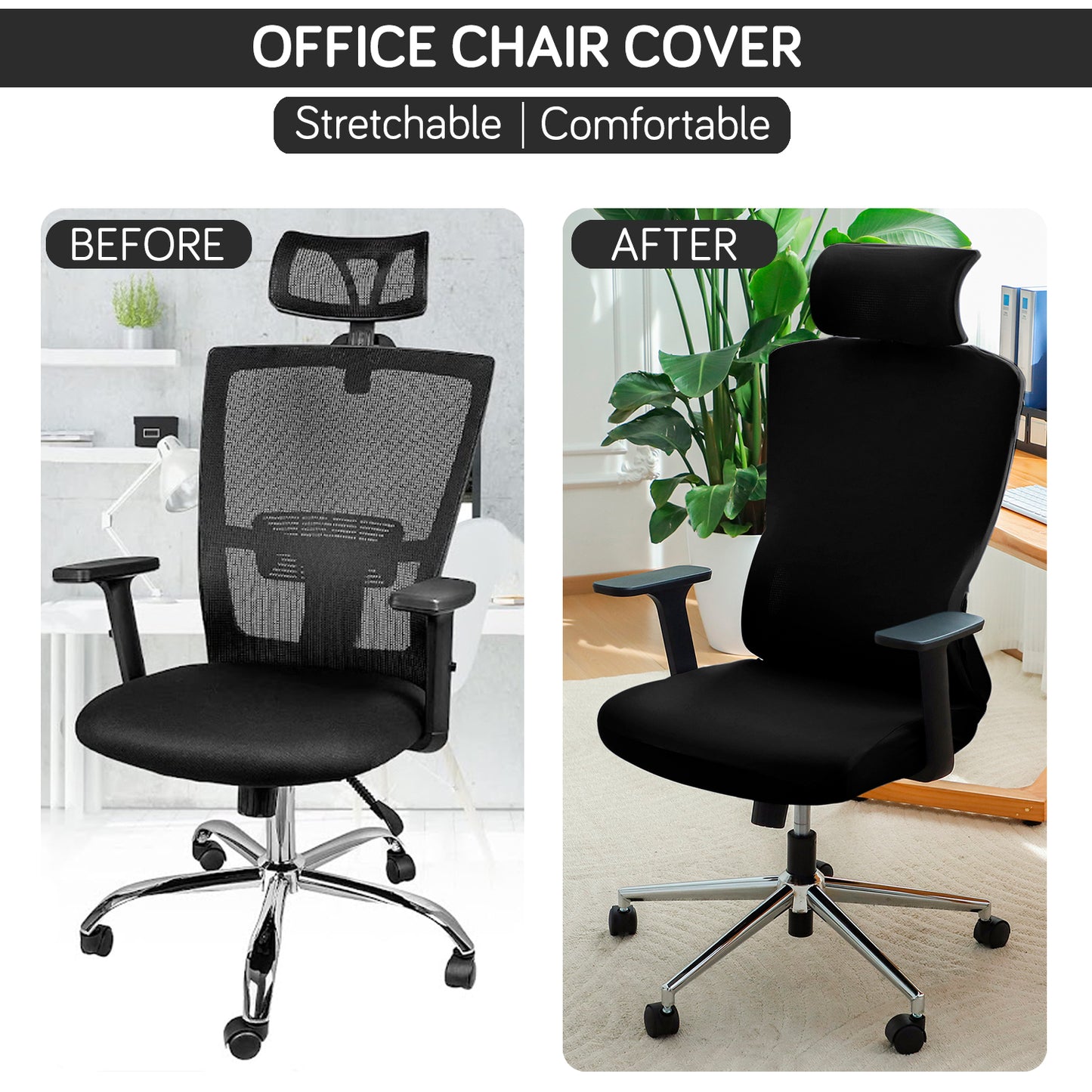 Office Chair Cover with Headrest (High-Back) – 140 GSM Stretch Fabric – Washable, Anti-Slip Fit for Ergonomic Mesh Office Chairs, Black