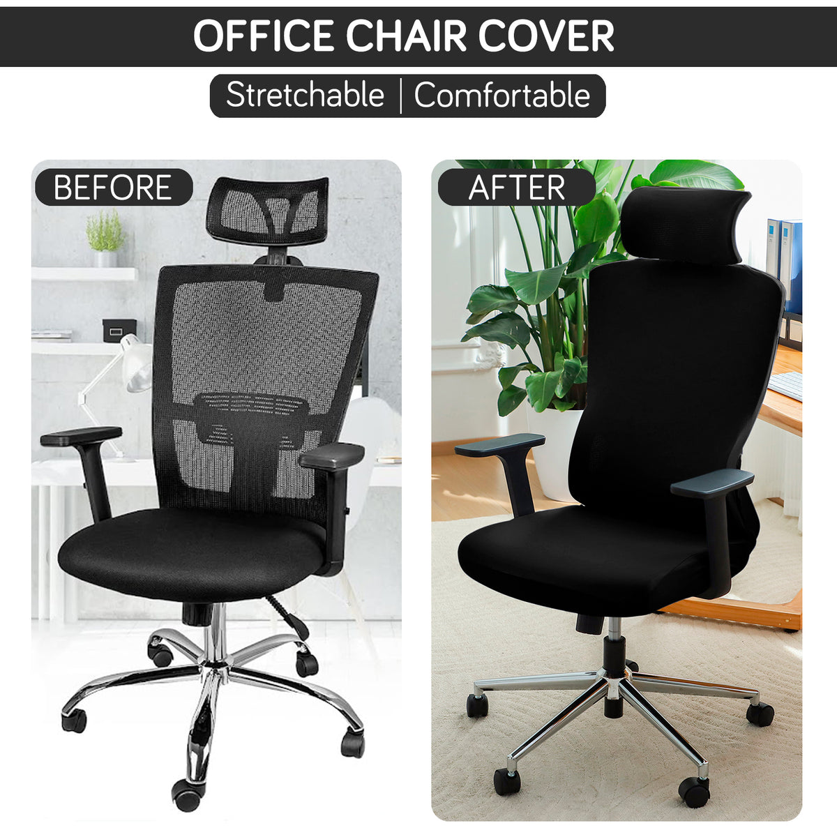 Office Chair Cover with Headrest (High-Back) – 140 GSM Stretch Fabric – Washable, Anti-Slip Fit for Ergonomic Mesh Office Chairs, Black
