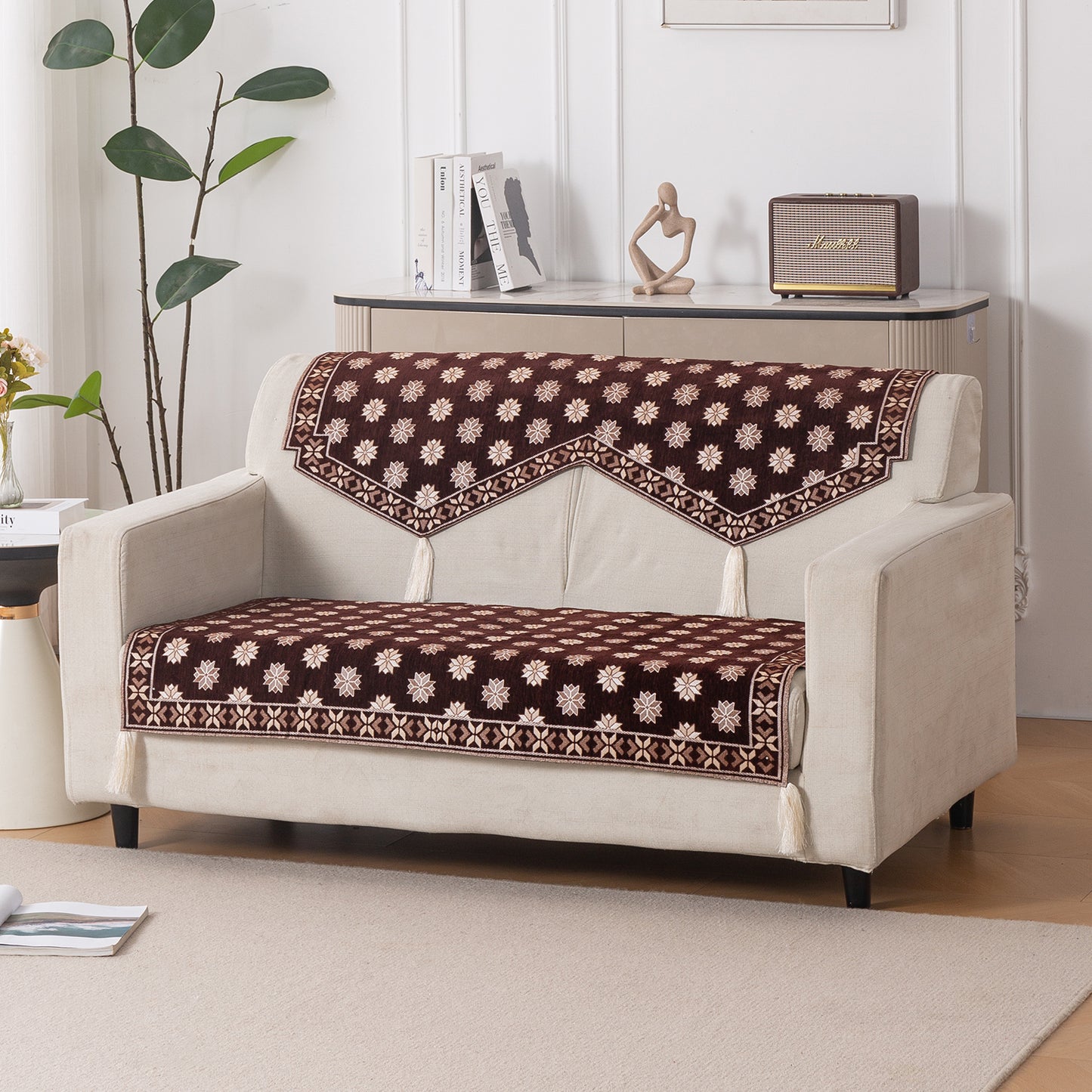 Heritage Weave Premium Jacquard Sofa Cover Set with Tassels - Coffee Brown