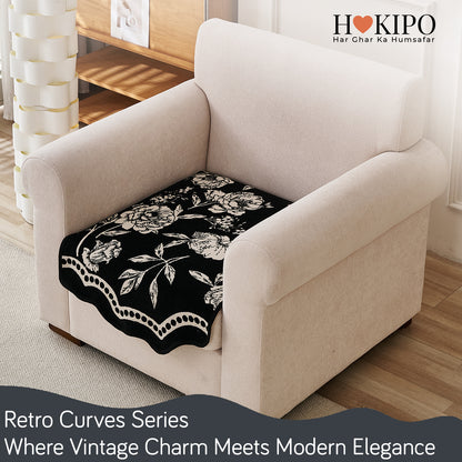 Chenille Sofa Cover Mat with Curvy Edges, 'Retro Curves Series' Sofa Mat, Classic Black