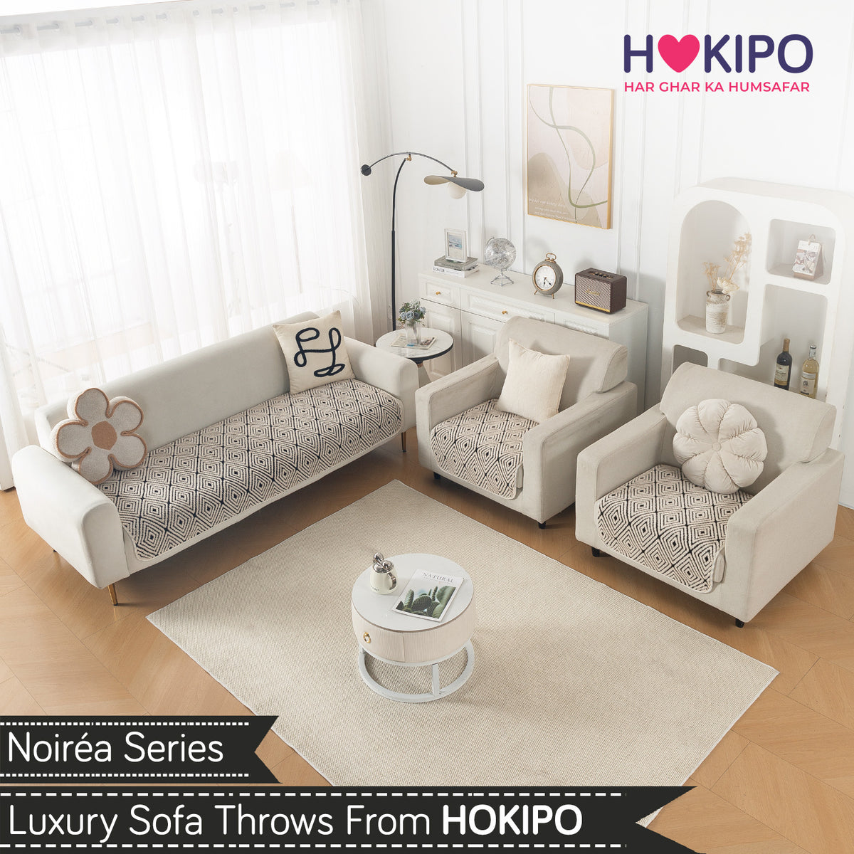Luxury Plush Sherpa Anti Slip Combination Sofa Mat, 'Noirea Series'|Geometric Diamond